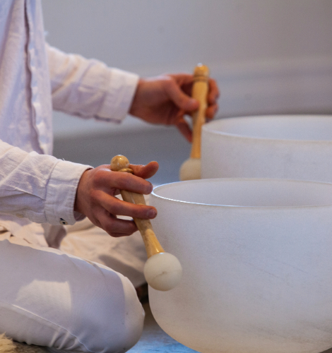 Crystal bowls for sound journey and yoga for relaxation